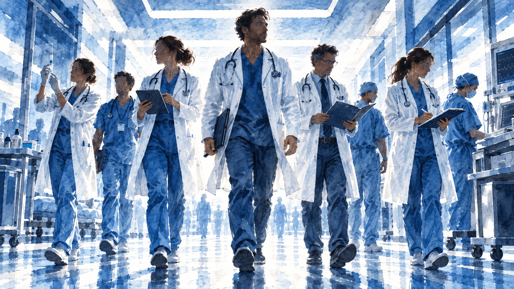 Watercolor illustration of doctors walking together through a sunlit hospital corridor